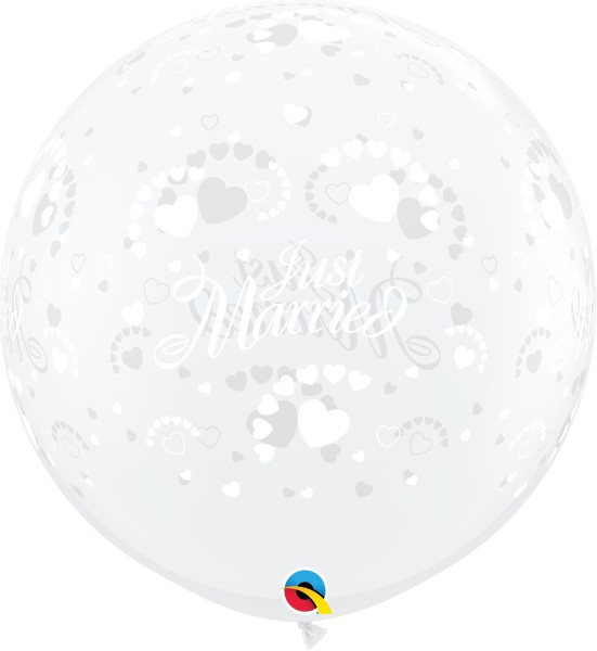 Qualatex Latexballon Just Married Hearts-A-Round Diamond Clear 90cm/3' 2 Stück