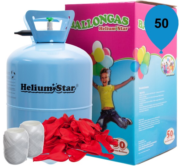 HeliumStar Ballongas 50er Einweggasflasche mit 50 roten Herzballons und Polyband