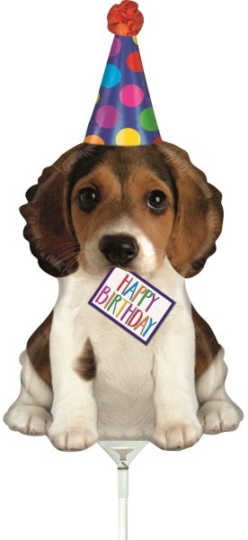 Betallic Folienballon Birthday Puppy Mini 35cm/14" luftgefüllt mit Stab