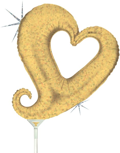 Grabo Folienballon Chain of Hearts Gold Holographic Mini 35cm/14" luftgefüllt mit Stab