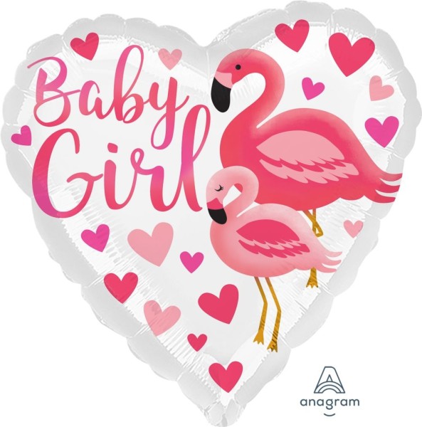 Anagram Folienballon Herz HX Flamingo "Baby Girl" 45cm/18"