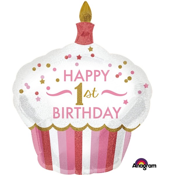 Anagram Folienballon Shape Cupcake "Happy 1st Birthday" Rose Holo 90cm/36"