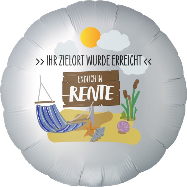 Goodtimes Folienballon Rund Satin Weiß mit "Endlich in Rente" Strand 45cm/18" (unverpackt)