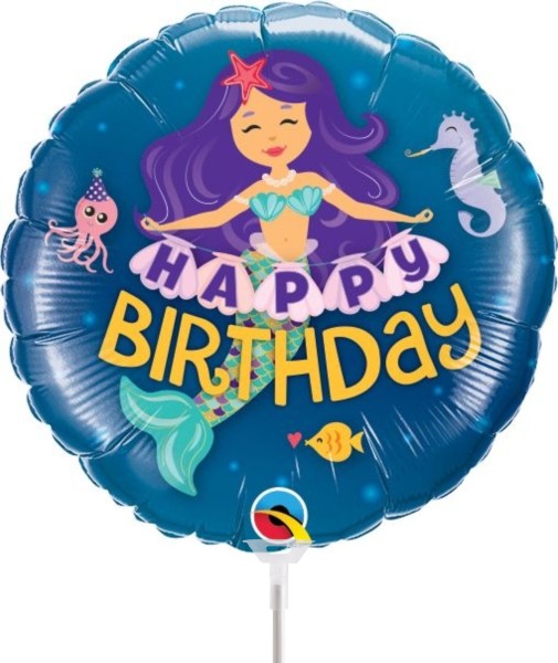 Qualatex Folienballon Happy Birthday Mermaid 23cm/9" luftgefüllt mit Stab