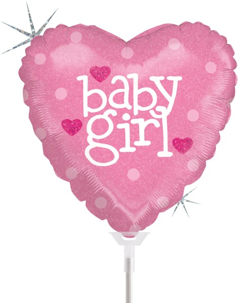 Betallic Folienballon Baby Heart Girl Holographic 23cm/9" luftgefüllt mit Stab