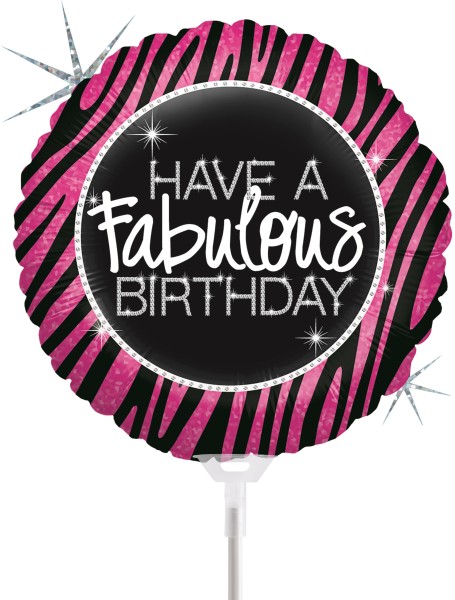 Betallic Folienballon Fabulous Zebra Birthday Holographic 23cm/9" luftgefüllt mit Stab