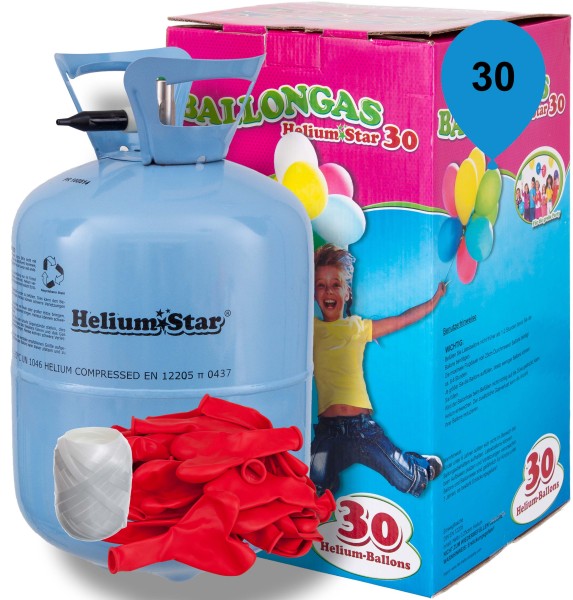 HeliumStar Ballongas 30er Einwegflaschen-Set mit 30 Roten Herzballons & Polyband