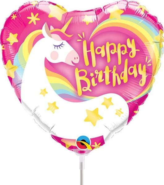 Qualatex Folienballon Birthday Magical Unicorn Heart 23cm/9" luftgefüllt mit Stab