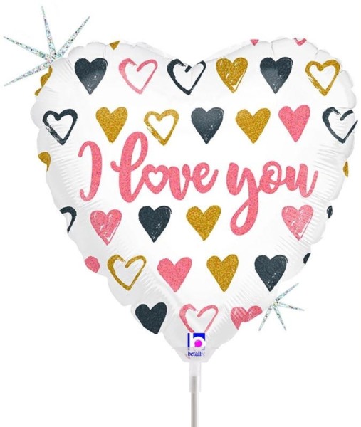Betallic Folienballon Roségold Heart I Love You Glitter Holographic 23cm/9" luftgefüllt mit Stab
