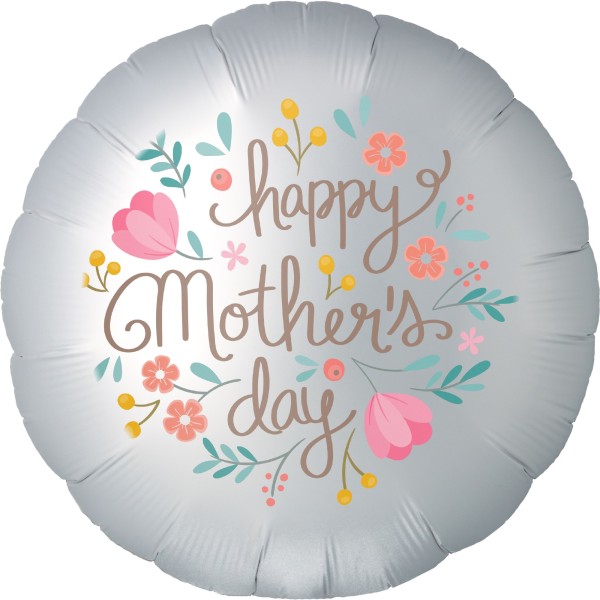 Goodtimes Folienballon Rund Satin Weiß mit "Happy Mother's Day" 45cm/18" (unverpackt)