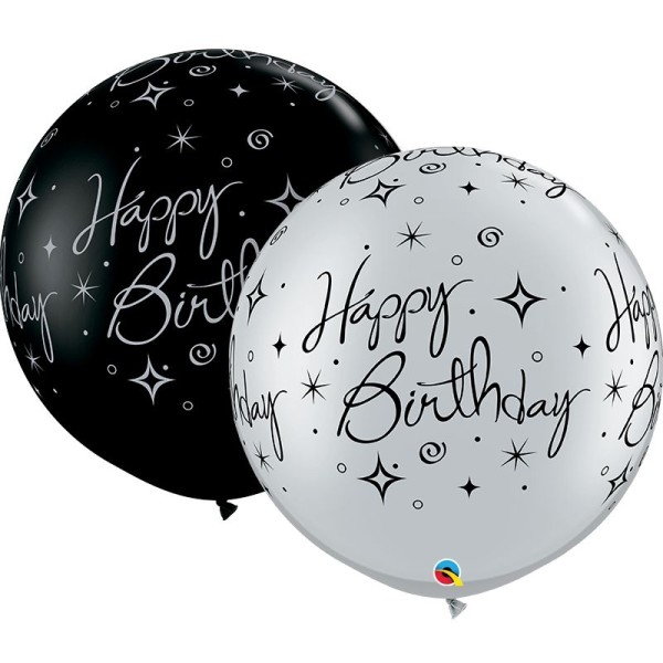 Qualatex Latexballon Birthday Sparkle Swirls Fashion Onyx Black & Metallic Silver 90cm/3' 2 Stück