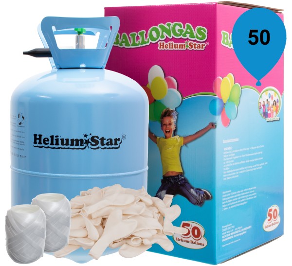 HeliumStar Ballongas 50er Einweggasflasche mit 50 weißen Herzballons und Polyband