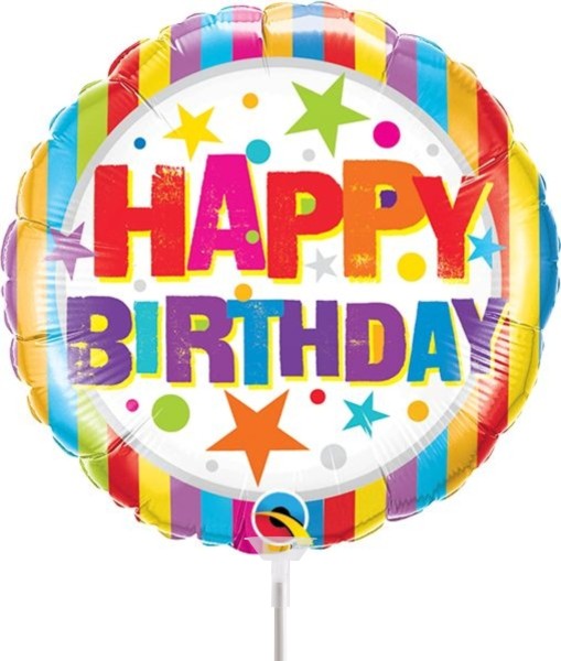 Qualatex Folienballon Birthday Stripes und Stars 23cm/9" luftgefüllt mit Stab