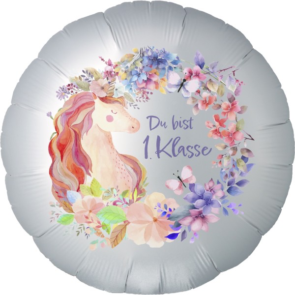 Goodtimes Folienballon Rund Satin Weiß mit "Einhorn Du bist 1. Klasse" 45cm/18" (unverpackt)