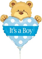 Betallic Folienballon Mini Big Heart Bear Boy 35cm/14" luftgefüllt mit Stab  Betallic Folienballon Mini Big Heart Bear Boy 35cm/14" luftgefüllt mit Stab