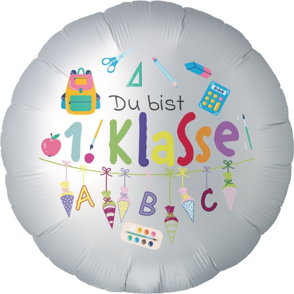 Goodtimes Folienballon Rund Satin Weiß mit "Du bist 1. Klasse" 45cm/18" (unverpackt)