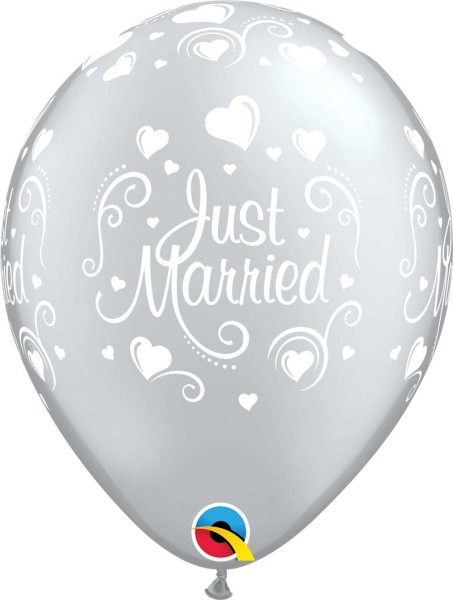 Qualatex Latexballon Just Married Hearts Silver 28cm/11" 6 Stück