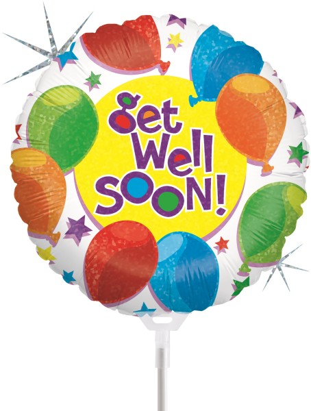 Betallic Folienballon Balloons & Stars Get Well Holographic 23cm/9" luftgefüllt mit Stab