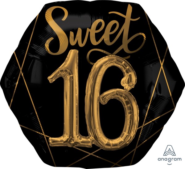Anagram Folienballon Elegant "Sweet 16" Schwarz & Gold 75cm/30"