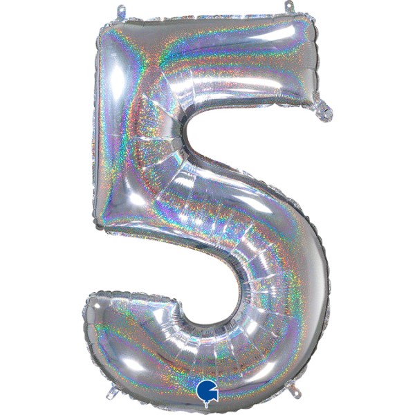 Grabo Folienballon Zahl 5 Glitter Holographic Silver 66cm/26"