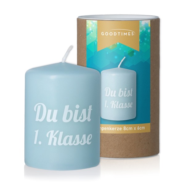 Goodtimes Stumpenkerze Hellblau "Du bist 1. Klasse"