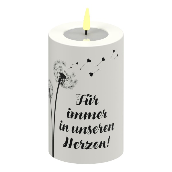 Goodtimes LED Stumpenkerze Weiß Pusteblume Herzen "Für immer in unseren Herzen!"
