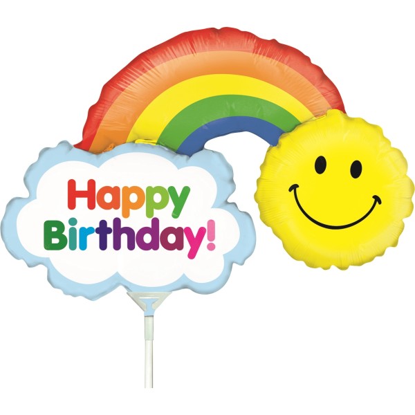 Betallic Folienballon Mini Birthday Rainbow 35cm/14" luftgefüllt mit Stab