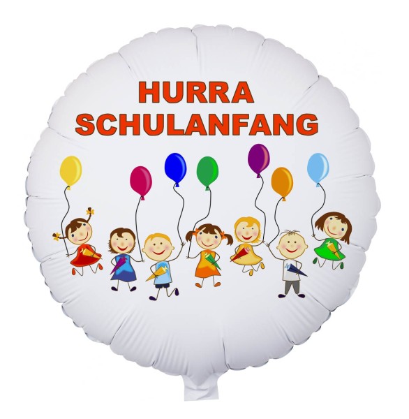 Goodtimes Folienballon Rund Satin Weiß mit "Hurra Schulanfang" 45cm/18" (unverpackt)