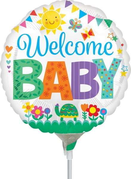 Anagram Folienballon Welcome Baby Cute Icons 23cm/9" luftgefüllt mit Stab