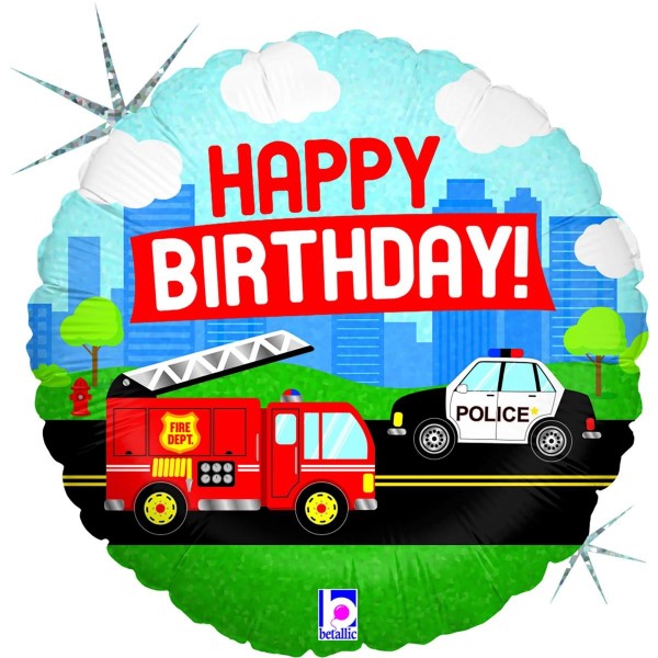 Betallic Folienballon Feuerwehr & Polizei "Happy Birthday!" Holo 45cm/18"