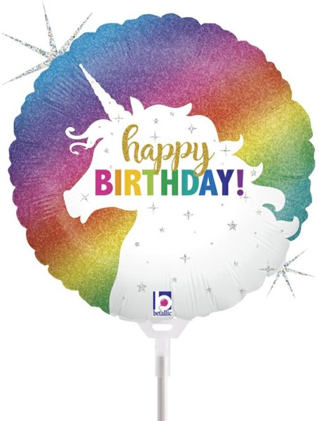 Betallic Folienballon Glitter Unicorn Birthday Holographic 23cm/9" luftgefüllt mit Stab