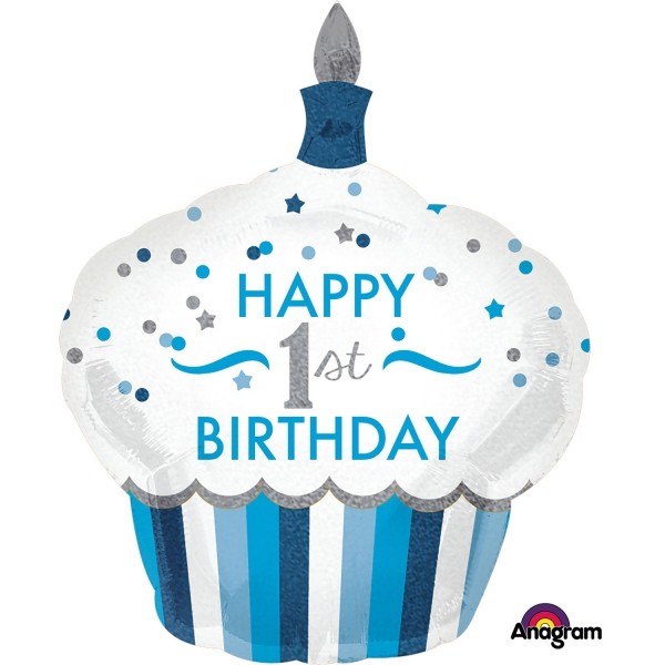 Anagram Folienballon Shape Cupcake "Happy 1st Birthday" Blau Holo 90cm/36"