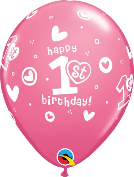 Qualatex Latexballon 1st Birthday Circle Hearts-Girl Rose 28cm/11" 25 Stück