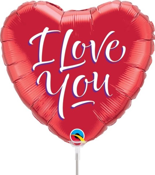 Qualatex Folienballon I Love You Script Heart 23cm/9" luftgefüllt mit Stab