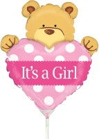 Betallic Folienballon Mini Big Heart Bear Girl 35cm/14" luftgefüllt mit Stab  Betallic Folienballon Mini Big Heart Bear Girl 35cm/14" luftgefüllt mit Stab
