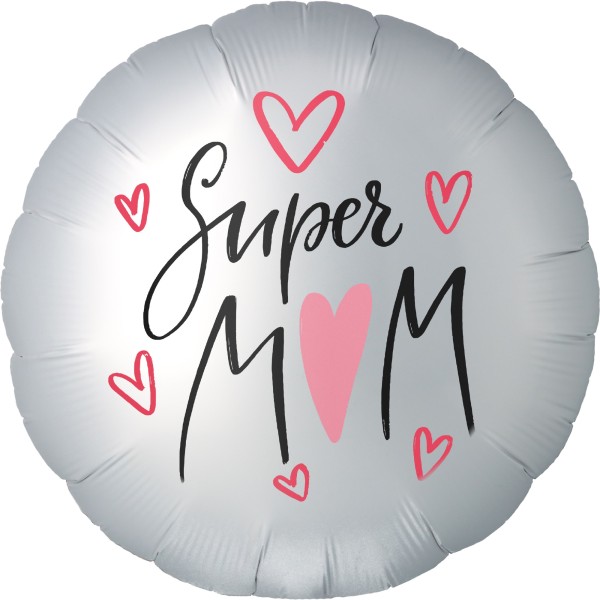 Goodtimes Folienballon Rund Satin Weiß mit "Super Mom" 45cm/18" (unverpackt)