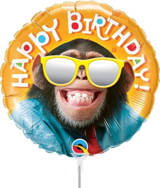 Qualatex Folienballon Birthday Smilin' Chimp 23cm/9" luftgefüllt mit Stab