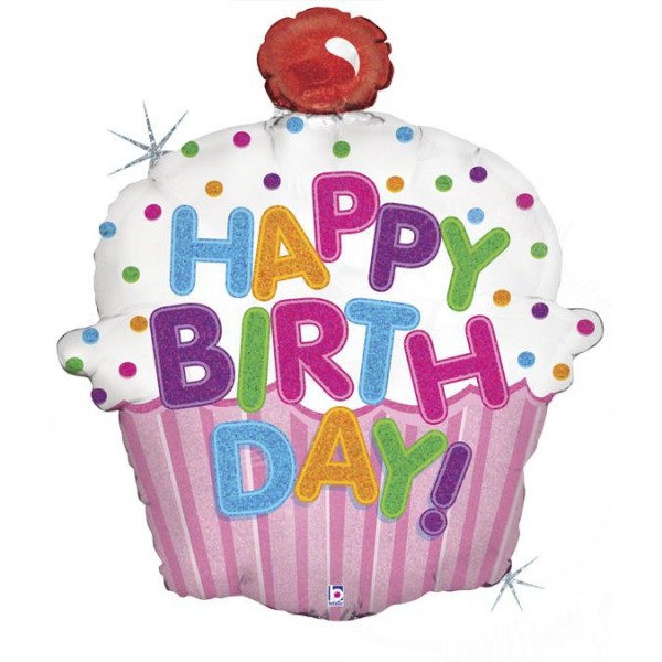 Betallic Folienballon Happy Birthday Cupcake Holographic 80cm/31"