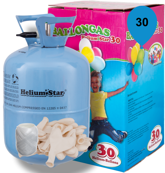 HeliumStar Ballongas 30er Einweggasflasche mit 30 weißen Herzballons & Polyband